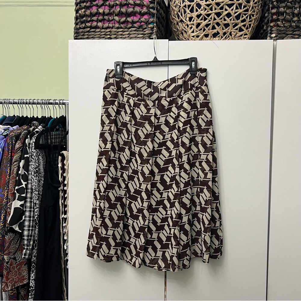 J. Crew Brown & Cream Houndstooth Pattern High-Waisted Midi Modest Skirt Sz L
